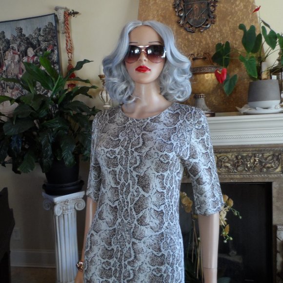 Chloe Brown Multi Python Print Knit Sheath Dress w/ Ruffle Hem Detail Size M - Picture 7 of 16